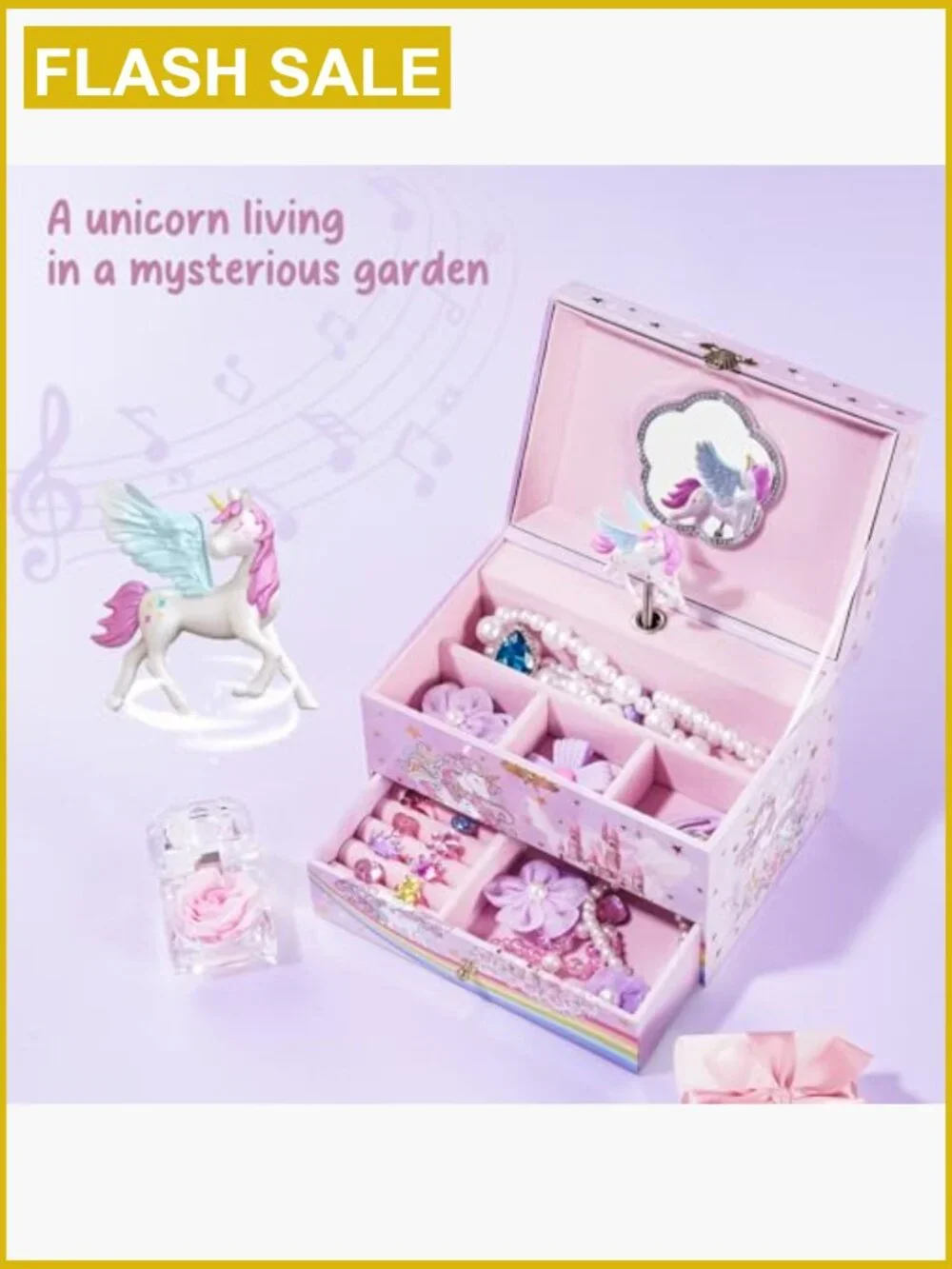 Kids Jewelry Box with Melody & Unicorn Decor, Storage Organizer for Little Girls